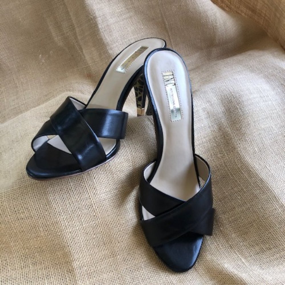INC Bailey black mules with leopard soles